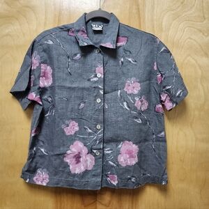 Clio Vintage 100% linen gray pink floral print blouse Boxy Bohemian